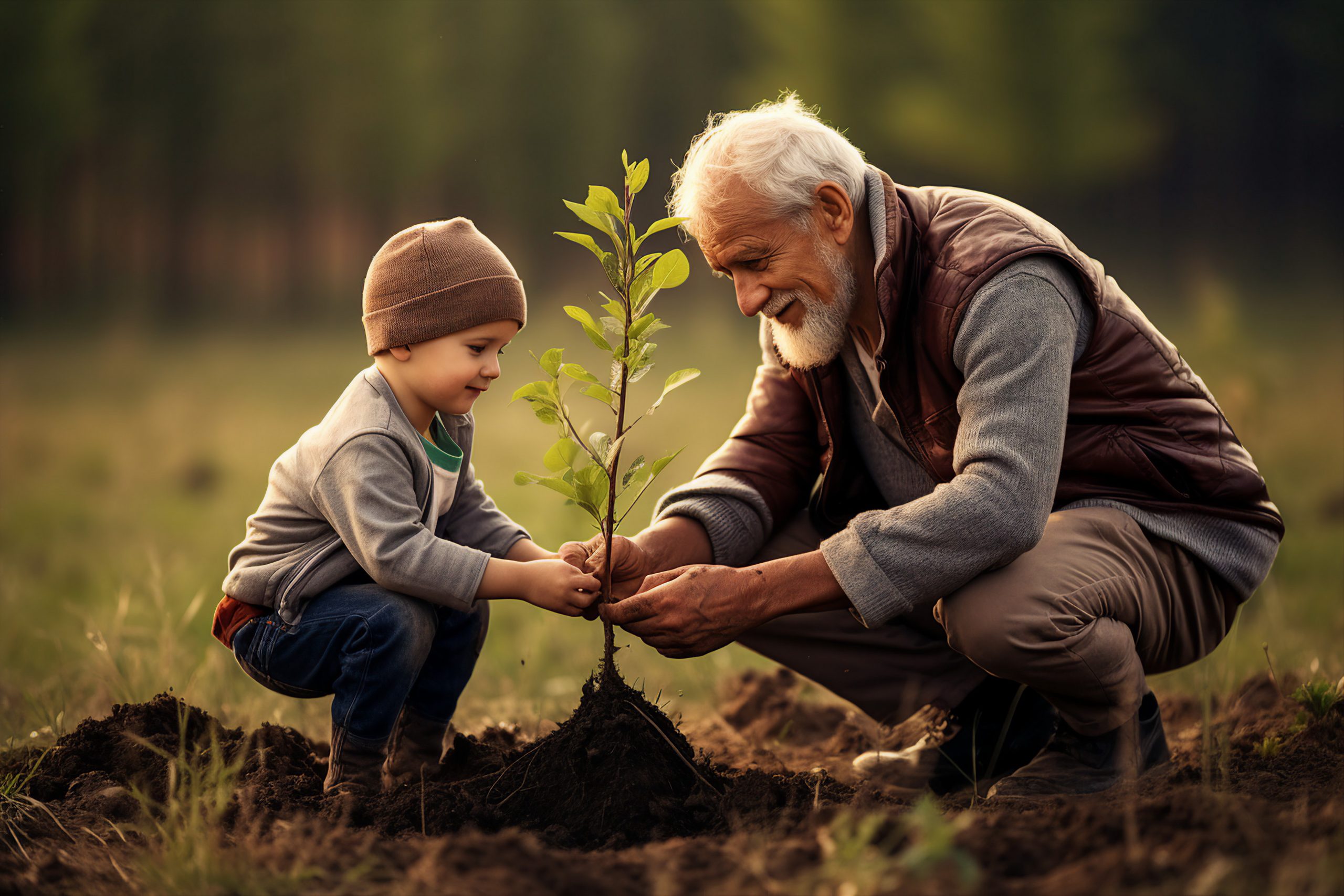 abuelo y nieto plantando un árbol